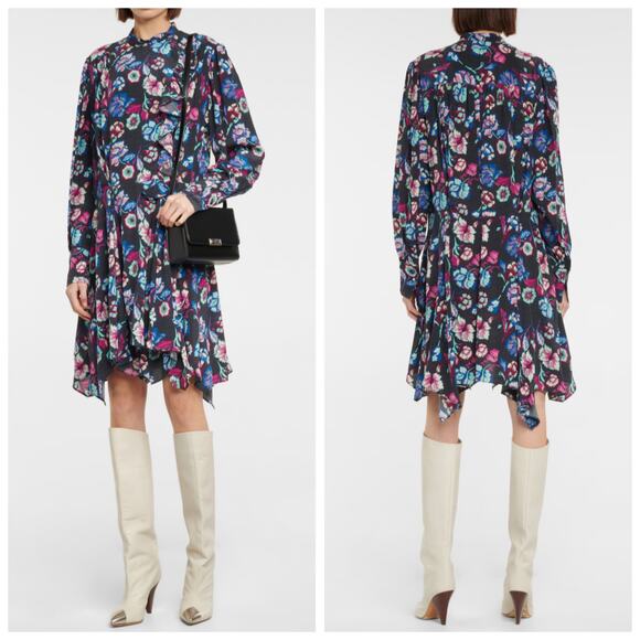 Isabel Marant Verikio Silk Floral Long Sleeve Ruffled Mini Dress Blue Purple 38 - Picture 1 of 7